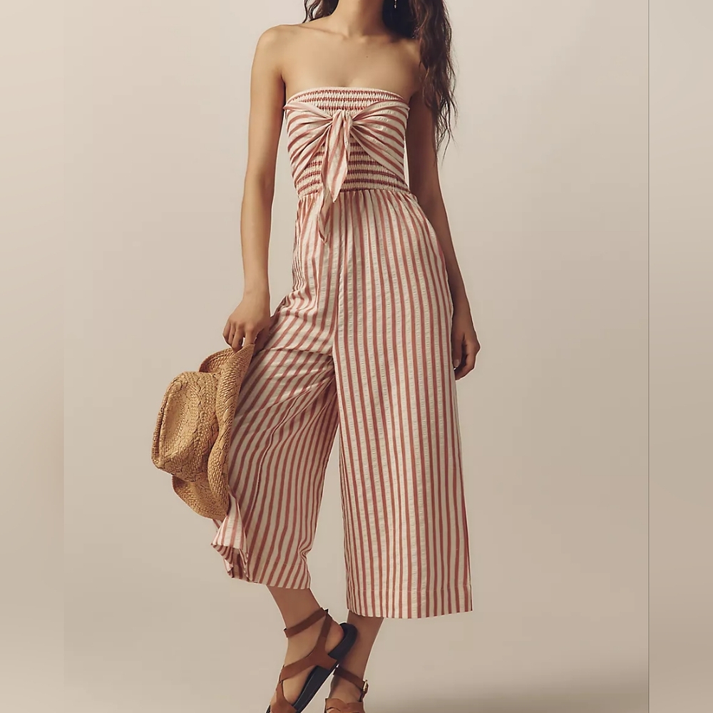 NWOT Large Dark Pink/Cream Tie Front Wide Leg Jumpsuit